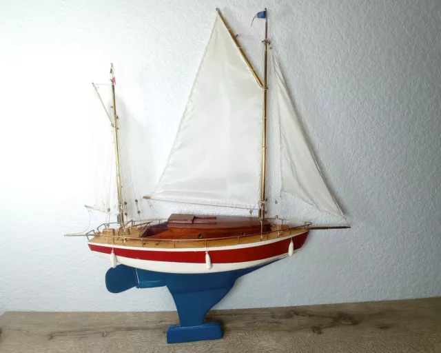 Superbe grand BATEAU VOILIER DE BASSIN jouet ancien maquette bois  laiton france