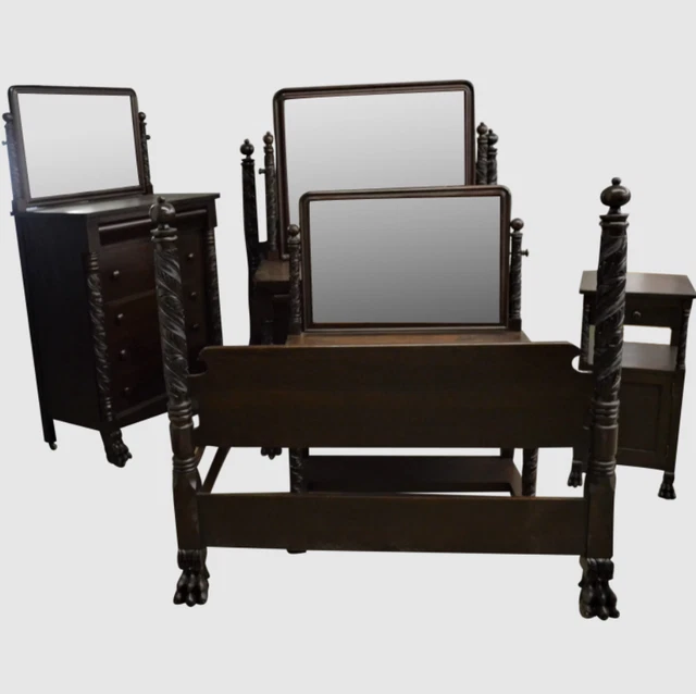 Antique Bedroom Set, Mahogany Acanthus Carved 5 Piece Bedroom Suite #18554