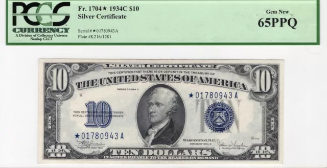 *1934C* $10 Silver Certificate PCGS 65PPQ GEM NEW  Fr.1704* RARE ***STAR***
