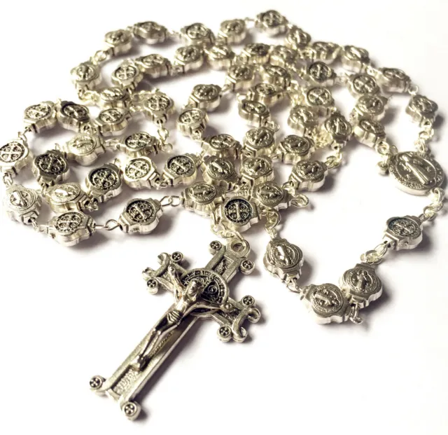 Saint St.Benedict Rosary Crucifix Cross Silver beads Catholic necklace