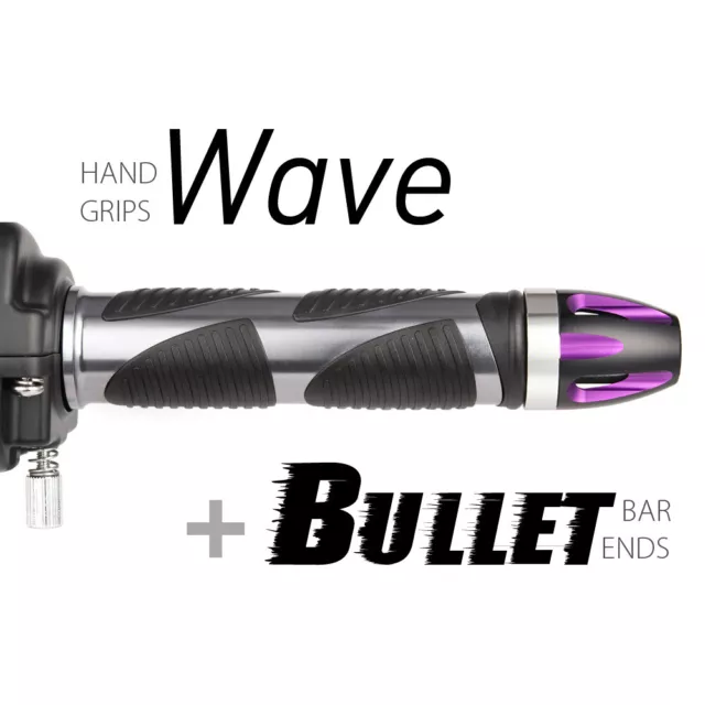 KiWAV Motorcycle Wave Grips Dark Gray with Bullet Bar Ends Purple/Silver