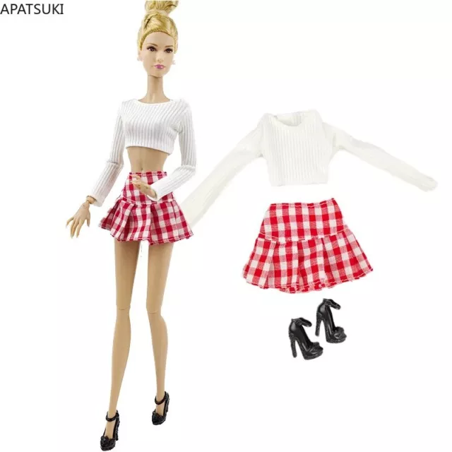 Weiße Mode Top rote Falten Röcke Kleidung Set für Barbie-Puppe Outfits Kleidung