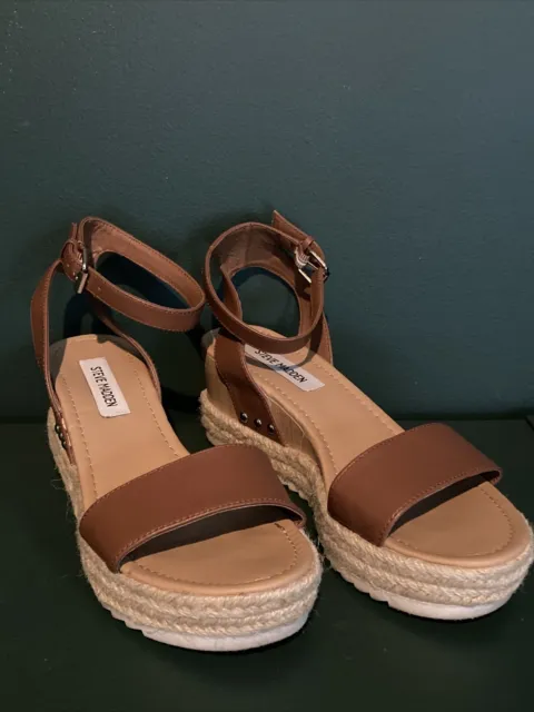 Steve Madden Brown Tan Camel Faux Leather Jewell Espadrille Wedge Sandals Sz 9M