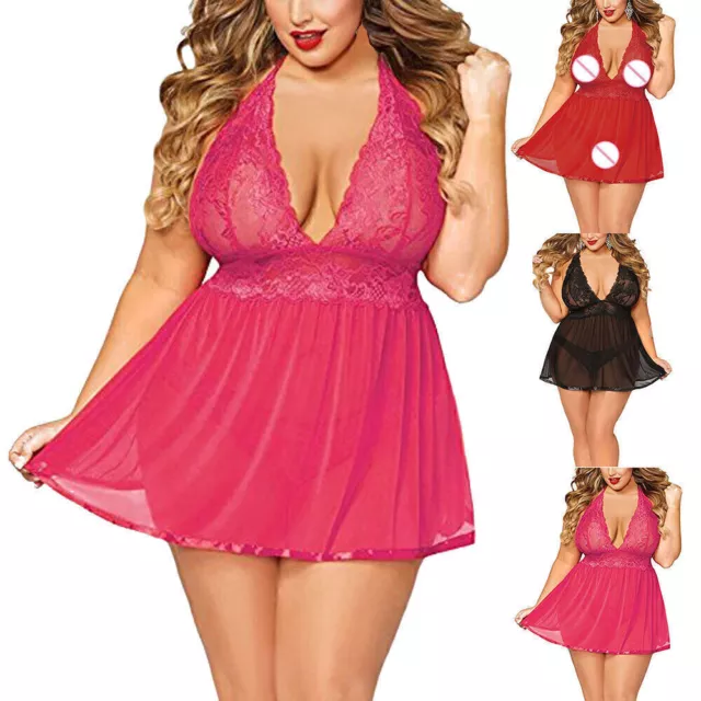 Plus Size Lady Lace Sheer Mesh Lingerie Nightgown Sleepwear Underwear Chemise ~