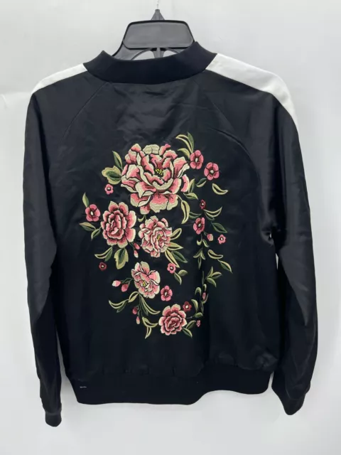 Forever 21 Track Jacket Womens Large Black Floral Embrodered Full Zip Bomber