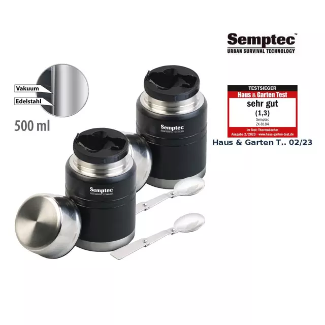 Semptec 2er-Set Doppelwand-Edelstahl-Thermobecher für Getränke & Suppen, 500ml