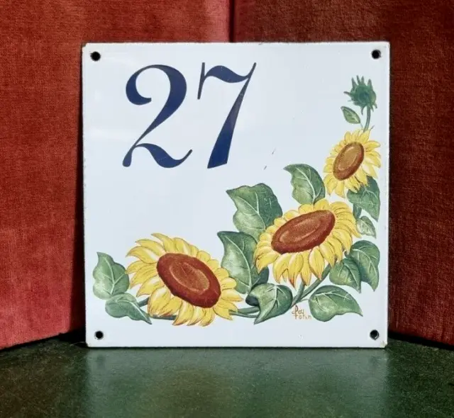 Vintage French Enamel house sign sunflower number 27 for door street gate portal