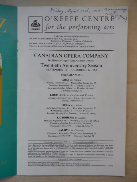 September/October 1968 - O'Keefe Centre Playbill - Canadien Opera Company 2