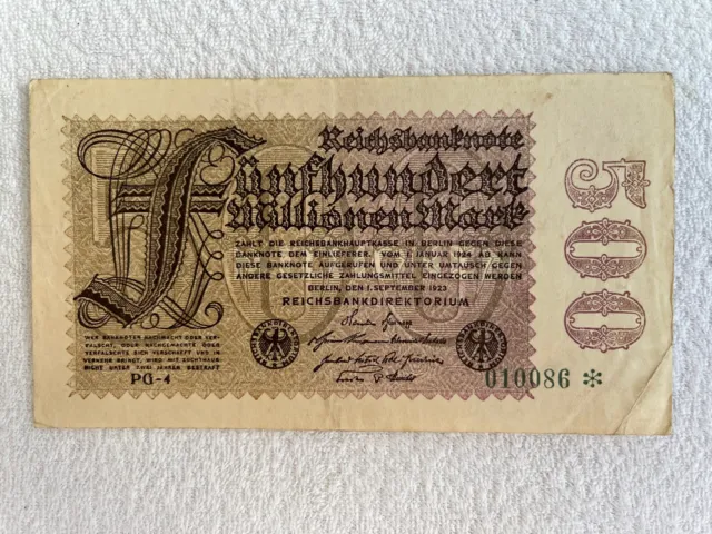 Banknote / Reichsbanknote Inflation 500 Millionen Mark, Berlin, 1. Sept. 1923