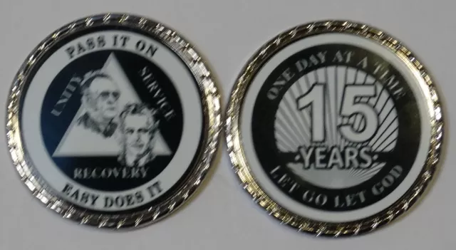 AA Bill and Bob 15 year Black/White Rope Edge Sobriety Coin Chip 1 3/4"