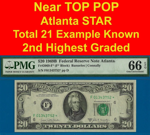 1969B $20 Federal Reserve Note PMG 66EPQ 2nd highest graded star Fr 2069-F*