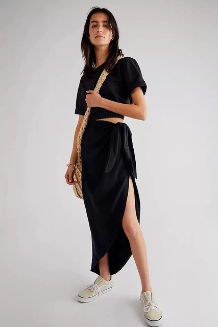NWT FREE PEOPLE Sz XS RAE MAXI DRESS CUT OUT SIDE TIE MIDI DRESS IN BLACK