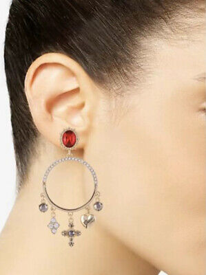 GUESS Earrings Womens Gold-Tone Multi-Crystal & Charm Hoop Drop Post Back NEW