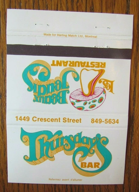 Restaurant 40 Strikes Matchbook Matchcover: Thursday's Bar (Montreal, Quebec) E9