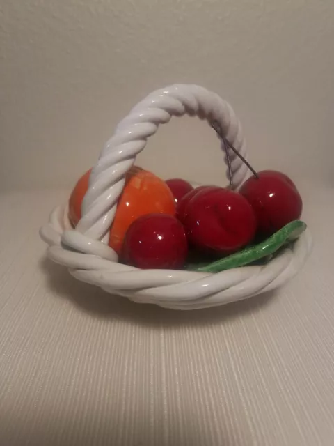 Vtg Majolica Fruit Basket Bowl Woven Ceramic Glazed Made in Italy