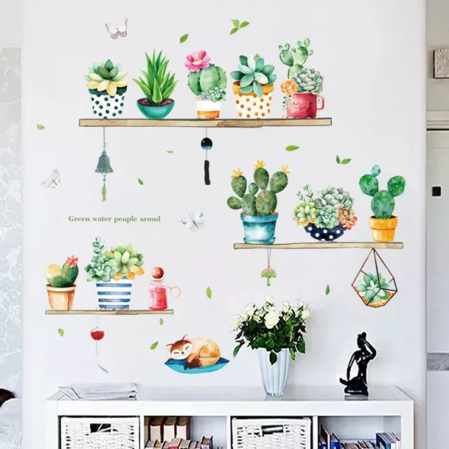 Removable Wall Stickers Succulents Cactus Cacti Pots Plants Cat Home Decor DIY