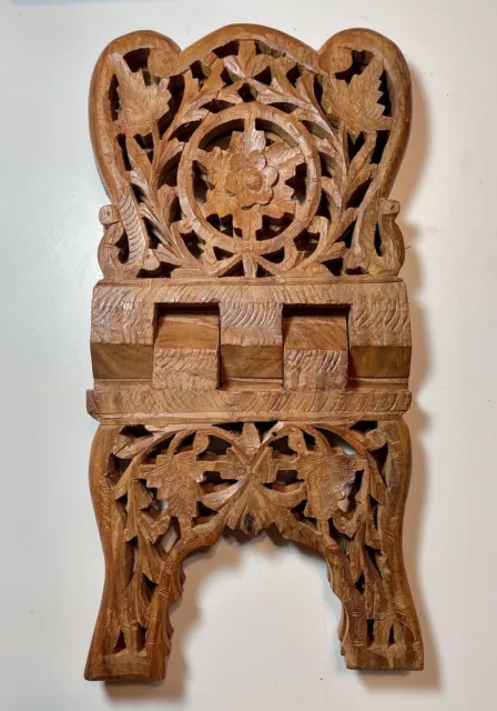 Vtg Hand Carved Wood Book Holder Made In India Bible/Cookbook/Antique Book Stand