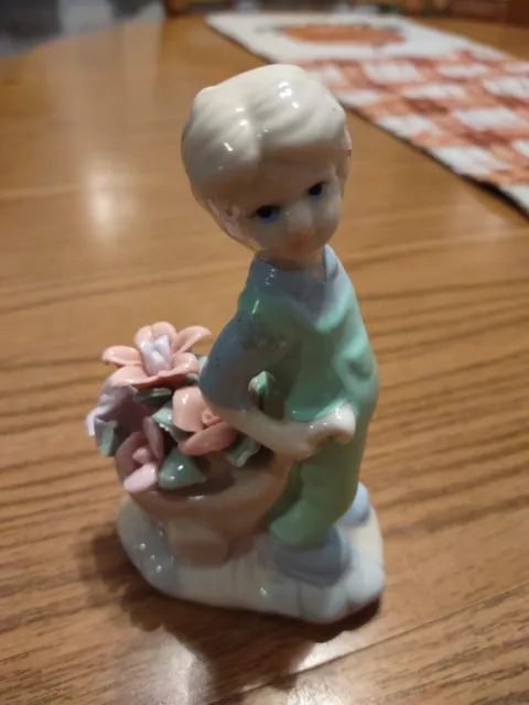 Vintage Porcelain Boy With Wheelbarrow Of Flowers Figurine