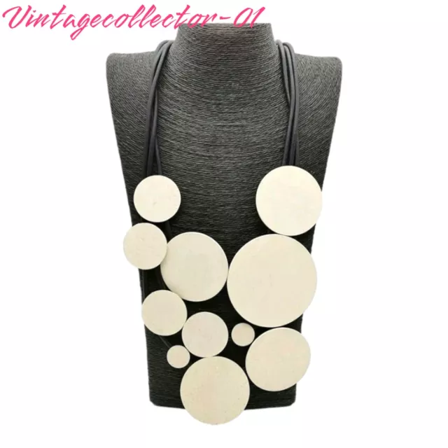 Black Rubber White Wood Disc's Circles Necklace Lagenlook Style Statement BN