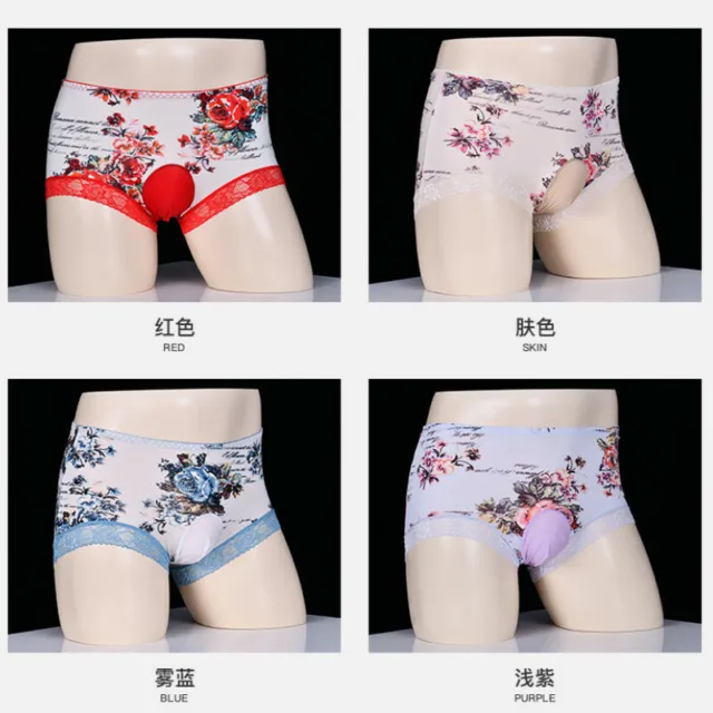 Sexy Men Lace Flower Print Boxer Briefs Shorts Underwear Underpants Lingerie Red 2