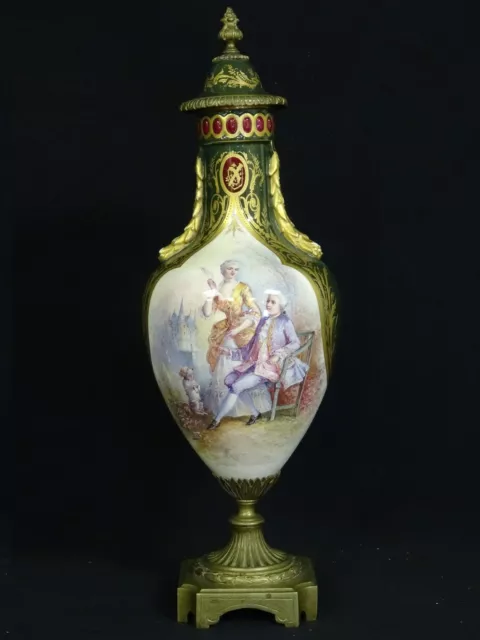 ANTIQUE 19 c SIGNED LEFRANC CHATEAU DES TUILERIES SEVRES STYLE LIDDED URN 21.5"