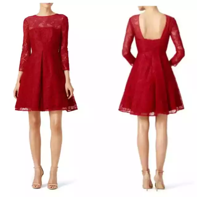 ML Monique Lhuillier Women size 6 Red Lace Fit & Flare Dress Party Cocktail