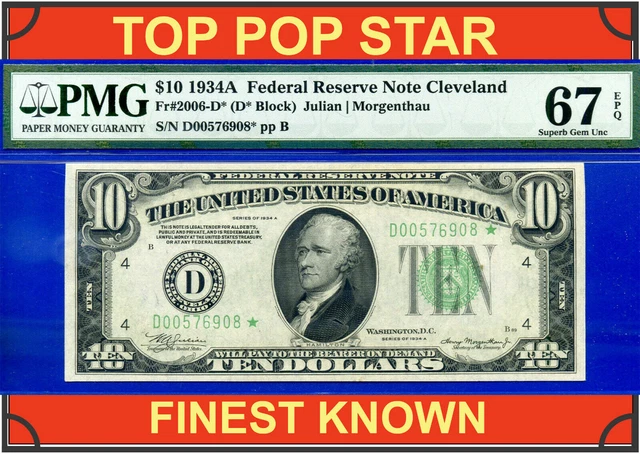1934A $10 Federal Reserve Note PMG 67EPQ TOP POP highest graded Cleveland star