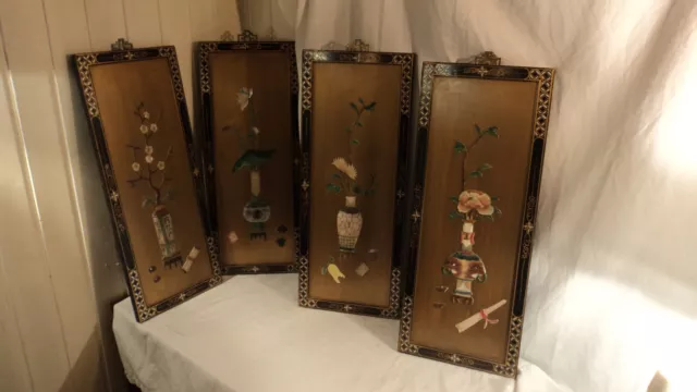 4 Wandbilder China Blumen Holz Gold ANSEHEN!