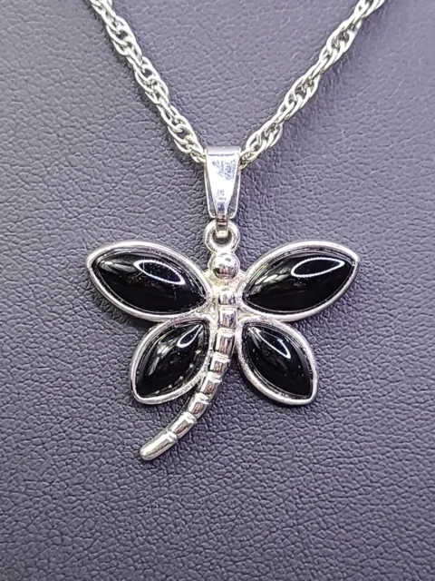 Fashion Silver Tone Dragon Fly Necklace With Enameled Black Wings Chain Necklace