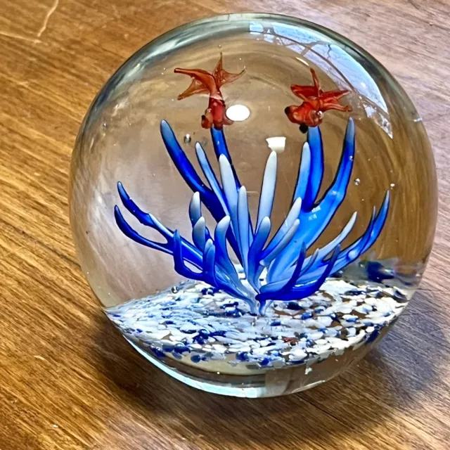 Vintage Murano  Art Glass Fish Paperweight Aquarium Seaweed Blue Ocean Scene