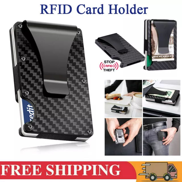 Mens Credit Card Holder Wallet Carbon Fiber RFID Blocking Metal Slim Money Clip