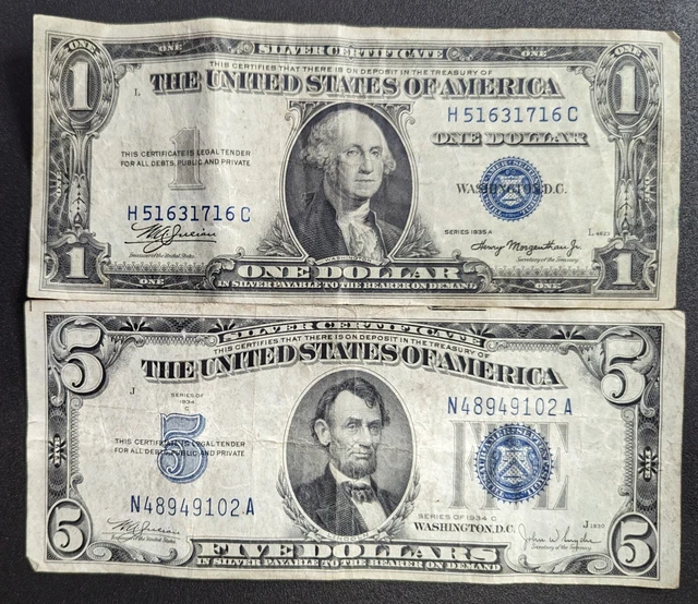 1935 $1 One Dollar and 1934 $5 Five Dollar Silver Certificates             (015)