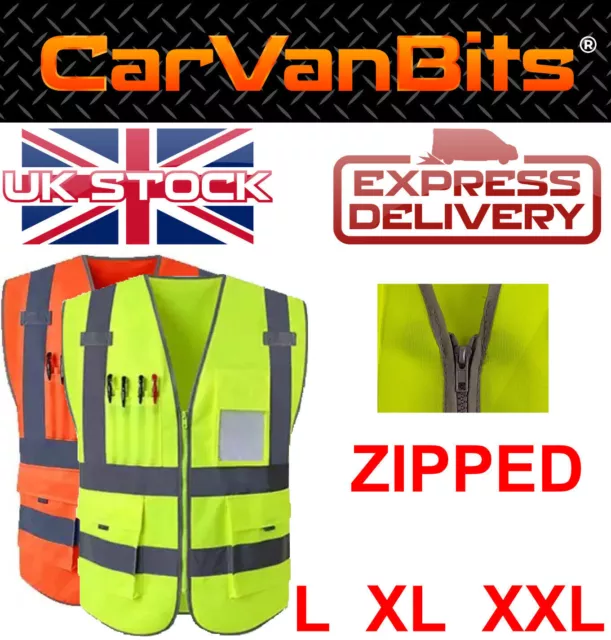 Hi Vis Viz Vest High Visibility Work Waistcoat With Id Pen Pockets Yellow Orange