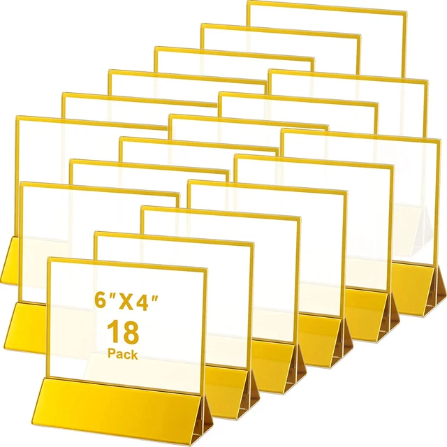 18 Pack Acrylic Sign Holders Gold Frames Stand Display Clear Double Sided Wed...