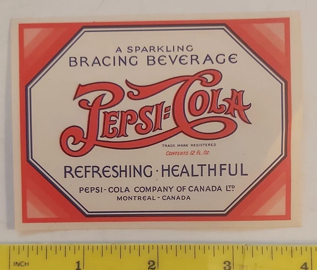 Rare Early Vintage (Montreal) "Pepsi:cola 2 Dot" Soda Pop Paper Label-12 Fl. Oz