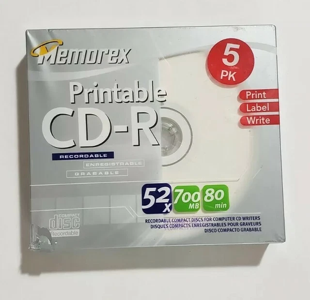 NEW MEMOREX PRINTABLE Recordable Blank CD R 5 Pack 52x 700MB 80 Min NEW MEMOREX PRINTABLE Recordable Blank CD R 5 Pack 52x 700MB 80 Min