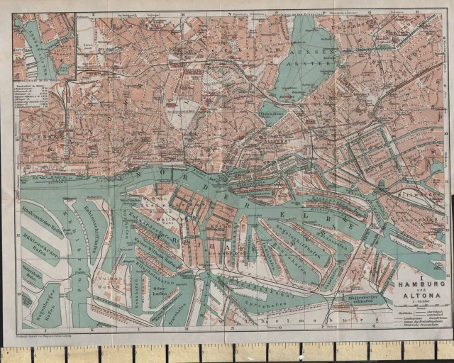 1925 GERMAN MAP ~ HAMBURG CITY PLAN ENVIRONS ALTONA HOSPITAL MARKETS SCHOOL etc