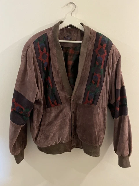 VINTAGE  Suede Aztec Jacket leather Bomber Retro Inca Navajo L 52 inch chest