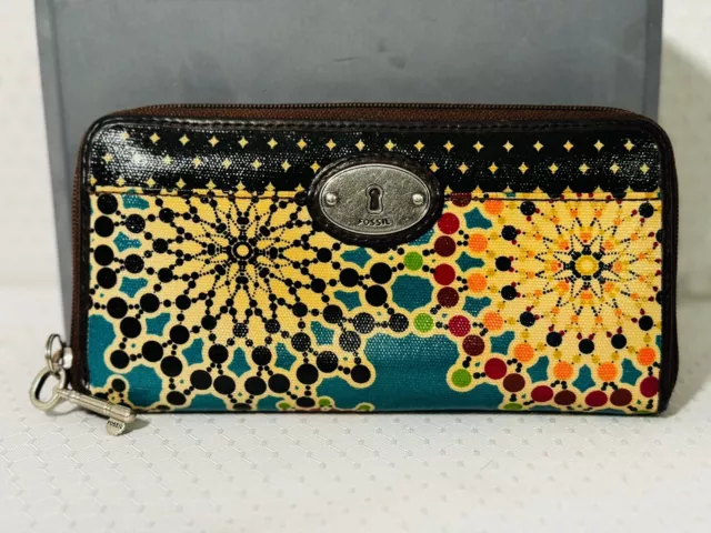 Fossil Key-Per Zip Around Coated Canvas Wallet Multi-Color Floral Teal Brown