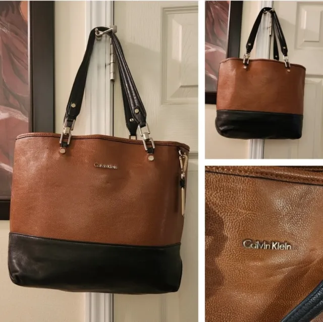 Calvin Klein Saffiano Brown/Black Leather Tote  Purse Handbag