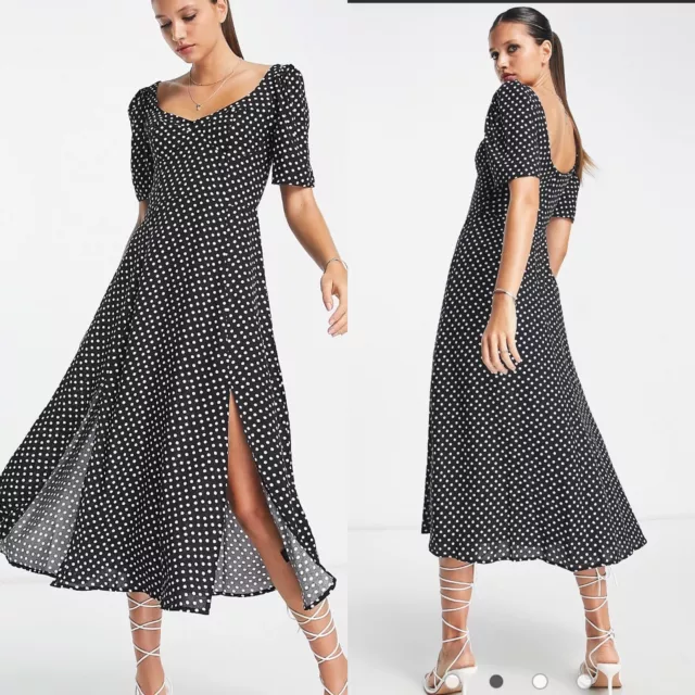 ASOS Design Cupped Midi Slit Dress Black With White Polka Dot Size 20