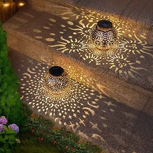 2Pack Solar Garden Lanterns Outdoor Hanging Lights Decorative Metal Moon Star
