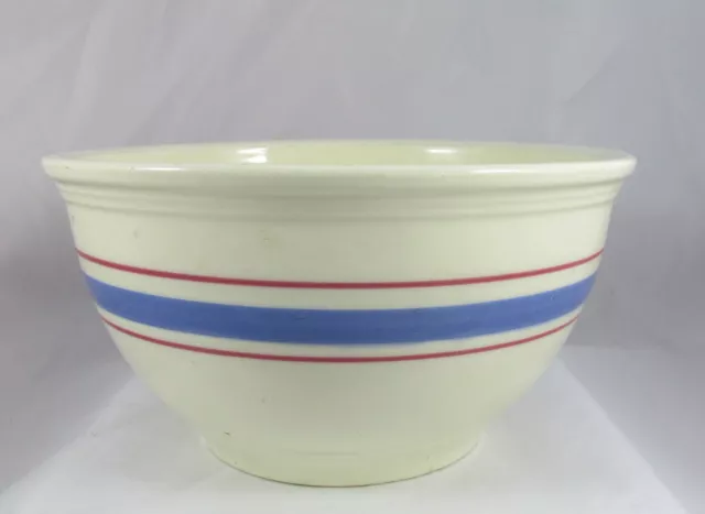 Antique RRP Co Roseville Stoneware Pottery Mixing Bowl Red&Blue Stripes