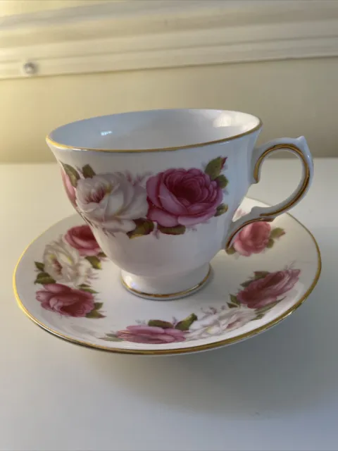Princess Roses Queen Anne Vintage Bone China 8605 Pink & White Tea CUp & Saucer