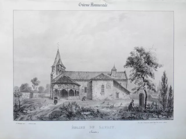 Lithographie XIXème - Église de Labrit - Landes - Aumont - J.Philippe