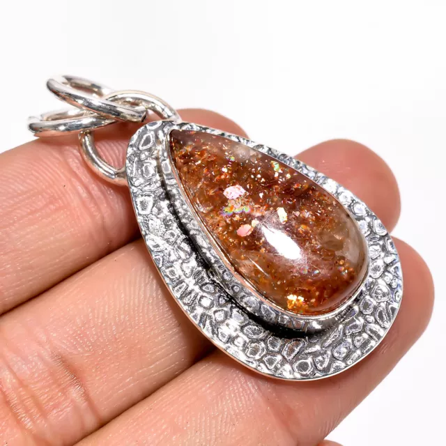 Sunstone Gemstone Vintage Style Handmade 925 Sterling Silver Pendant 2" GSR-3877