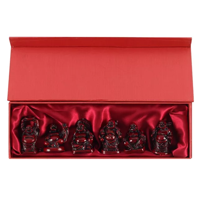 Buddhas Set of 6 Red Resin Feng Shui Mini Laughing Buddhas Luck in Gift Box