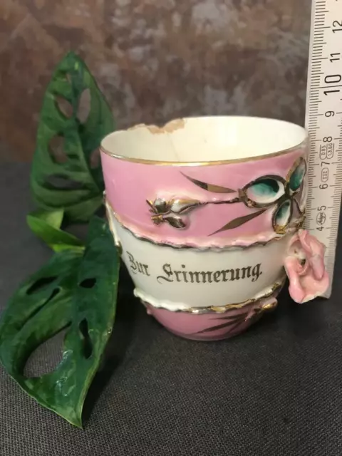 antik Haferl Rosen Stucktasse Andenken Porzellan Tasse Erinnerung um 1880 mn