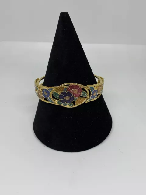 Cloisonne Enamel Floral Bangle Hinged Clamper Style Multi Coloured Vintage