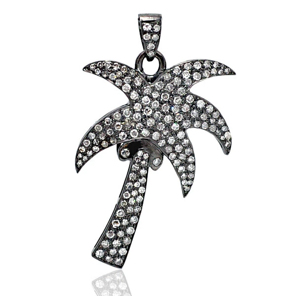 Pave Diamond 14k Gold Sterling Silver Designer Palm Tree Style Pendant Jewelry